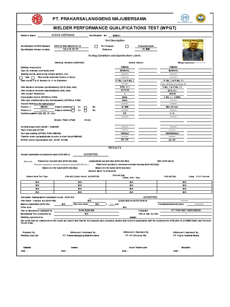 Welder Performance Qualification Report | PDF | Welding | Construction