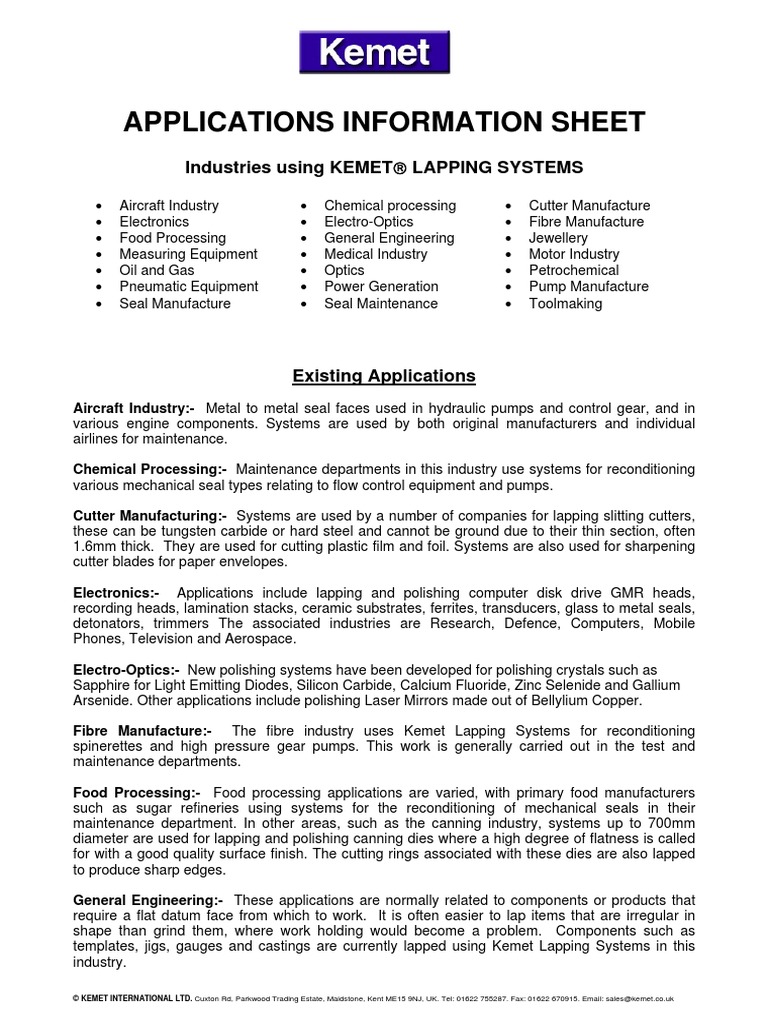 Industries Using Kemet Lapping Systems | PDF | Ceramics | Steel