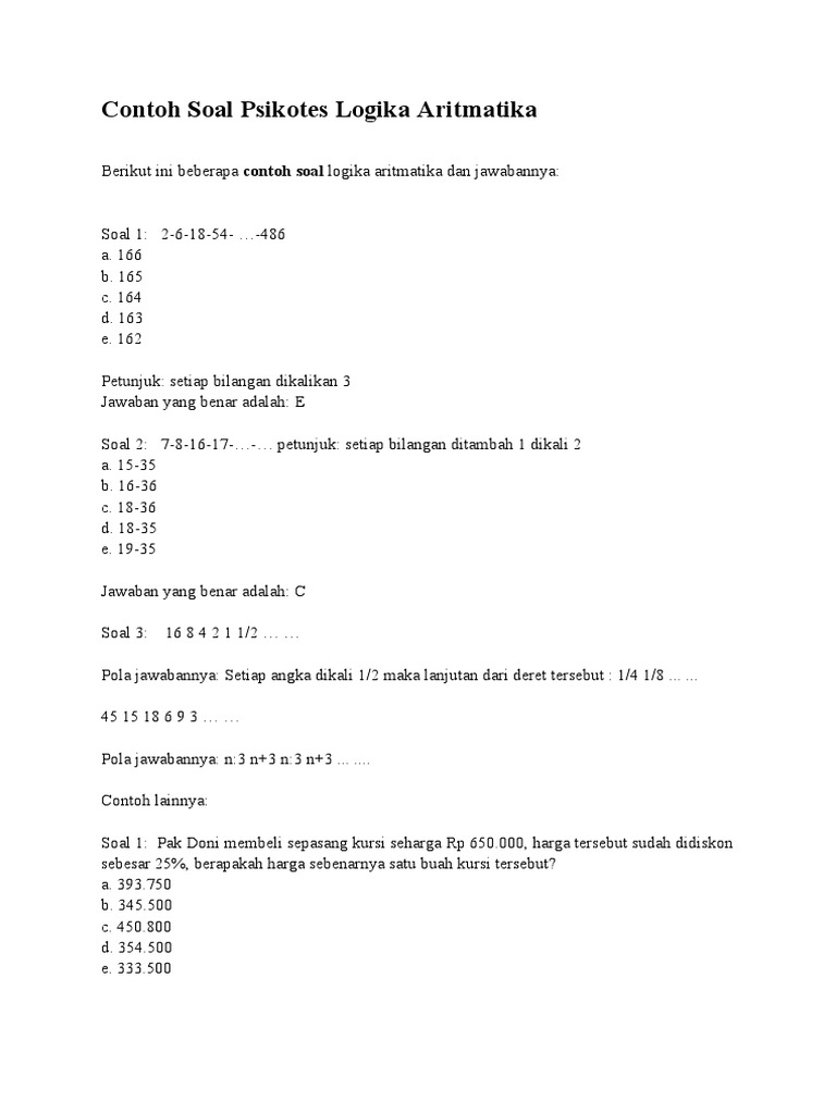 Contoh Soal Psikotes Logika Aritmatika