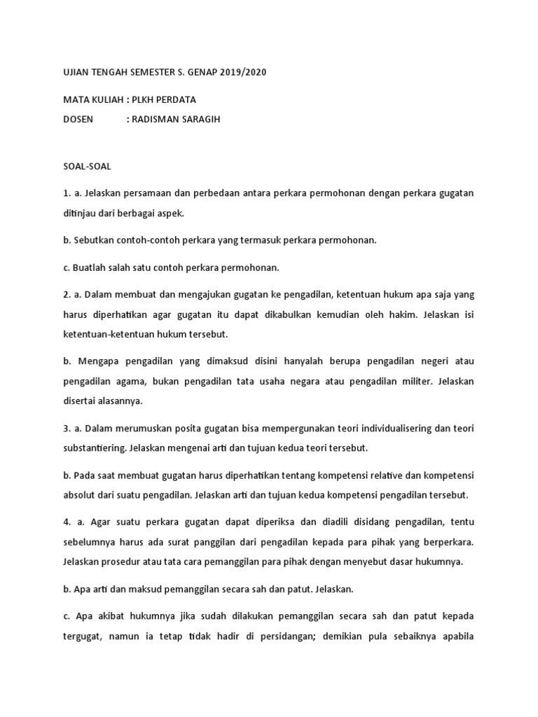 Ujian PLKH Perdata 2019/2020 | PDF | Hukum