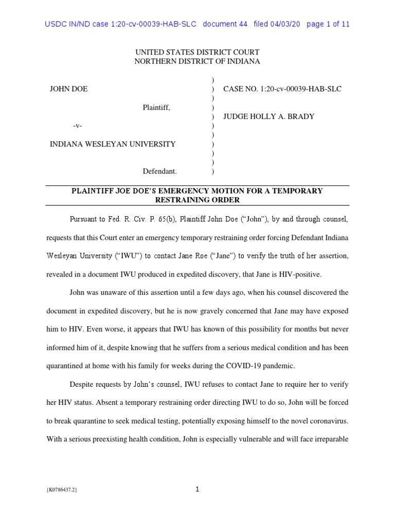 Emergency TRO Request Against IWU | PDF | Injunction | Hiv/Aids