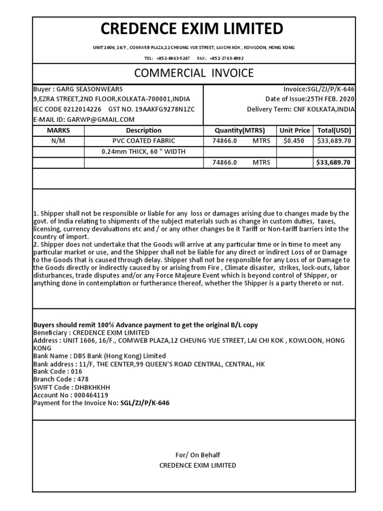 Credence Exim Limited: Commercial Invoice | PDF | Trade | Economies