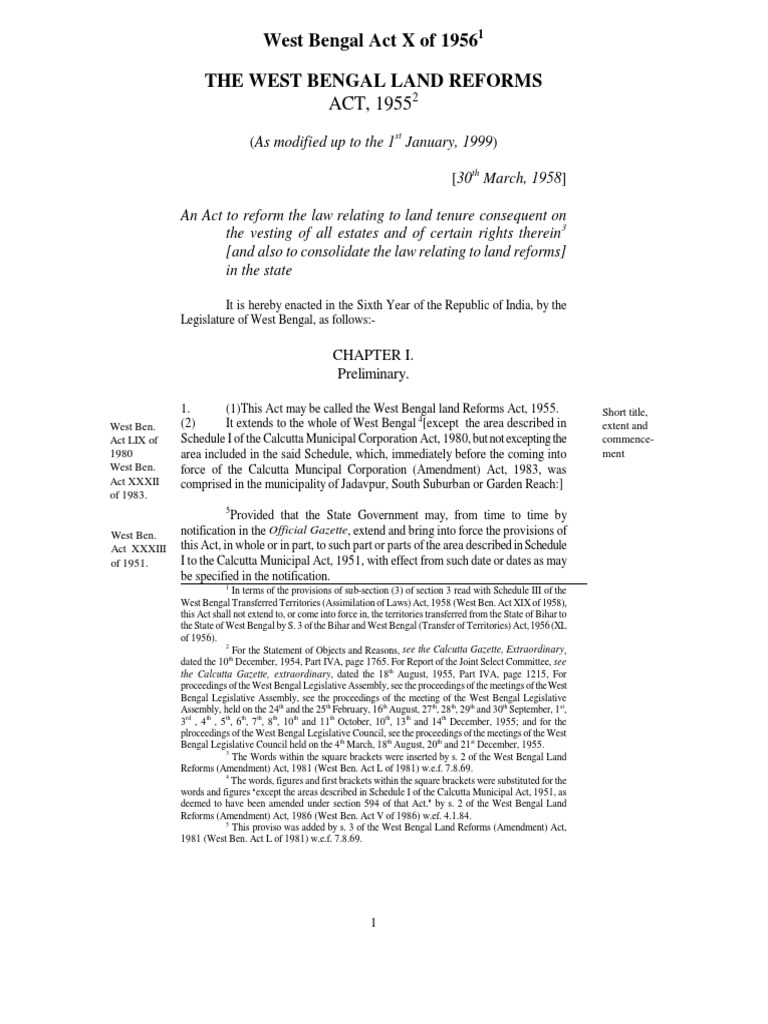 West Bengal Land Reforms Act 1955 PDF Mortgage Law Leasehold Estate