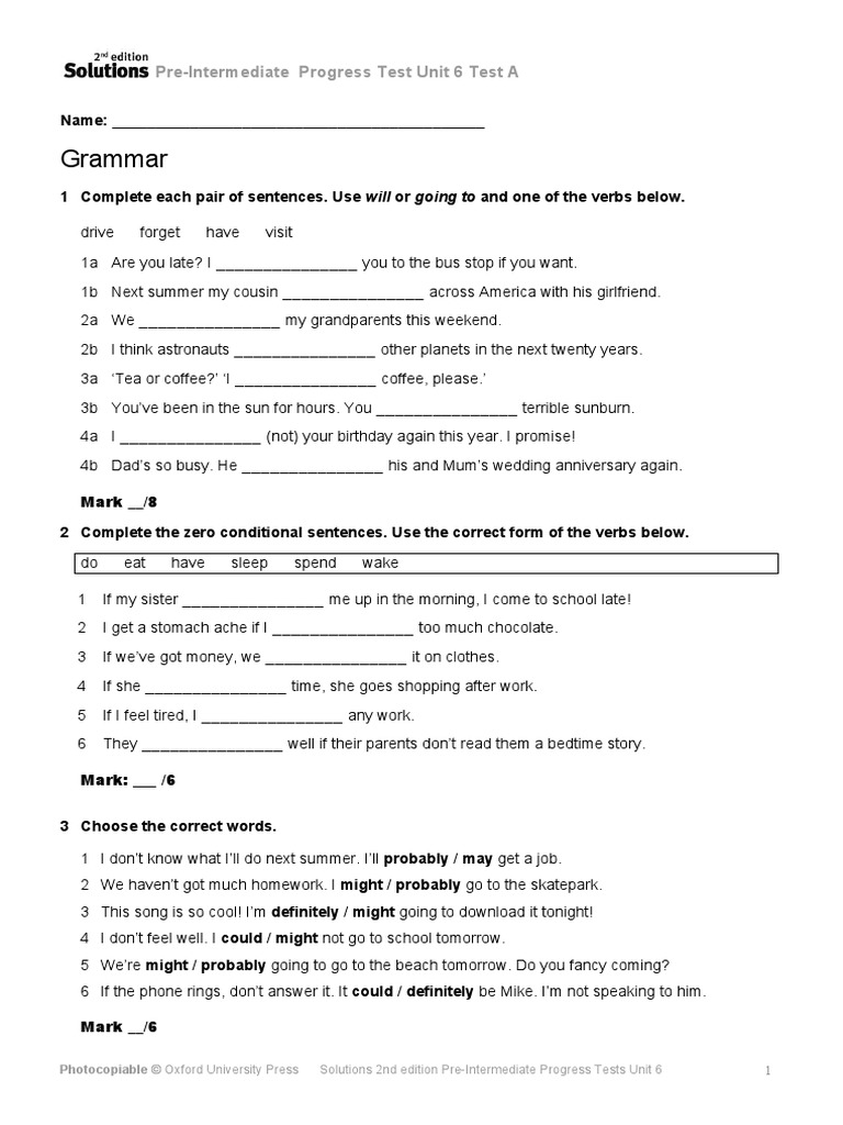 Grammar: Pre-Intermediate Progress Test Unit 6 Test A | PDF | Movie Theater