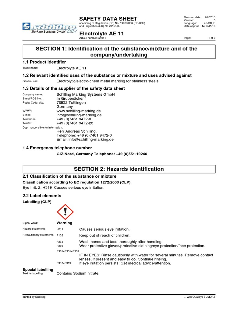 Electrolyte AE 11 MSDS PDF Dangerous Goods Toxicity