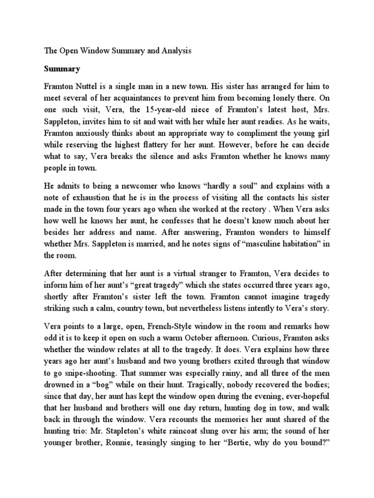 The Open Window Summary and Analysis PDF Saki Irony
