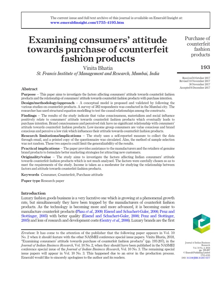 Examining Consumers ' Attitude Towards Purchase of Counterfeit Fashion ...