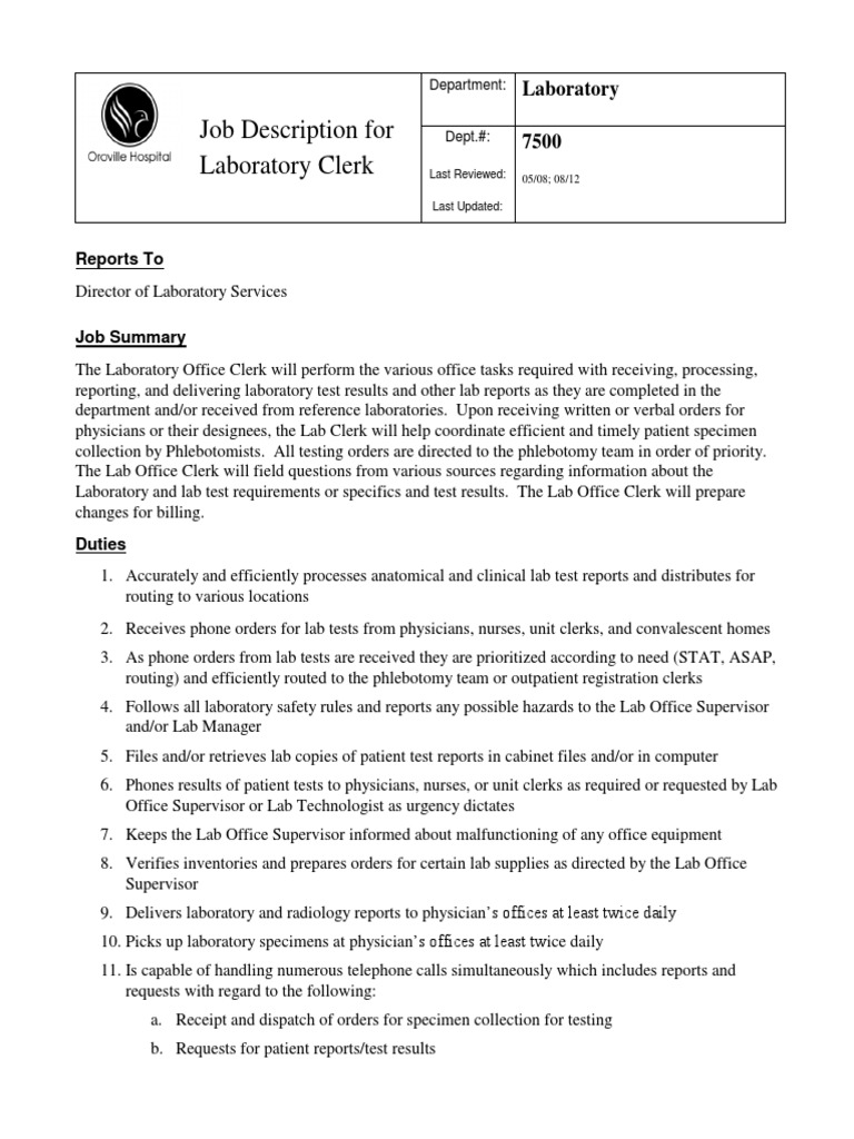 Lab Clerk Job Description22 PDF PDF Medical Laboratory Laboratories