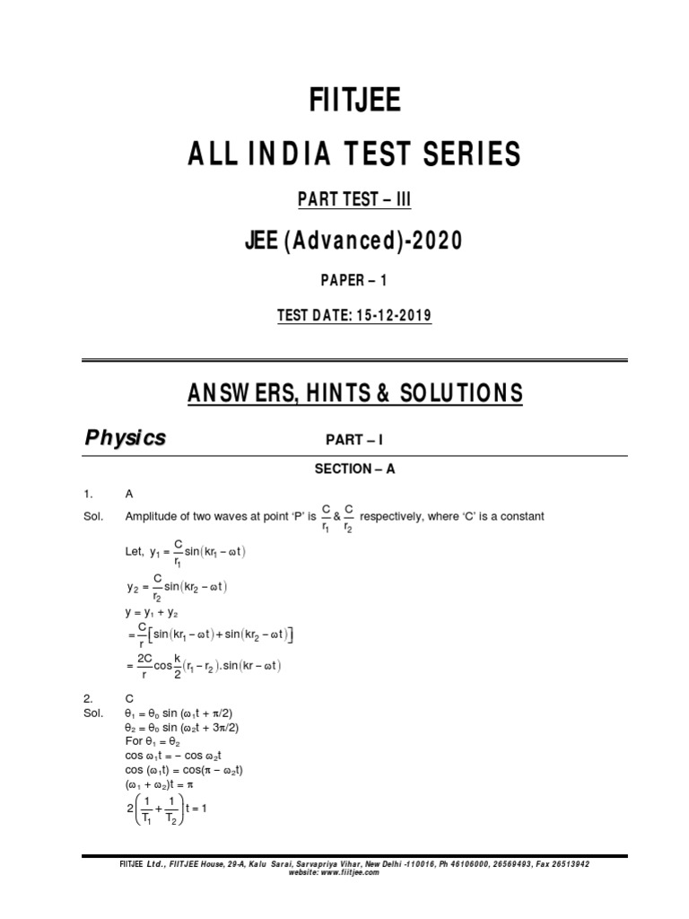 JEE Advanced 2020 AITS Part Test III Solutions | PDF | Physical ...