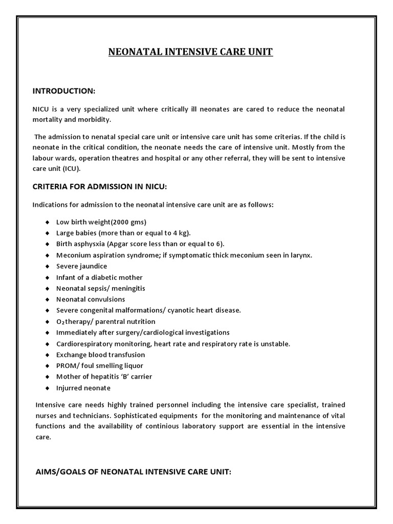 NICU Admission Criteria and Goals | PDF | Neonatal Intensive Care Unit ...