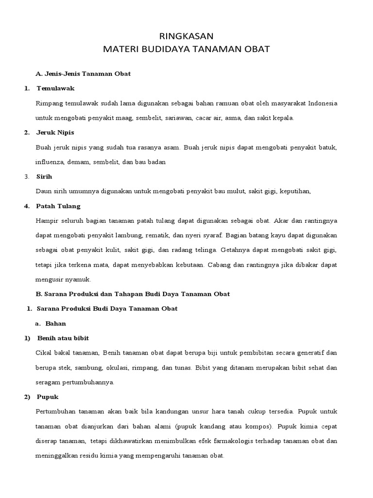 Ringkasan Materi Budidaya Tanaman Obat Dan Soal