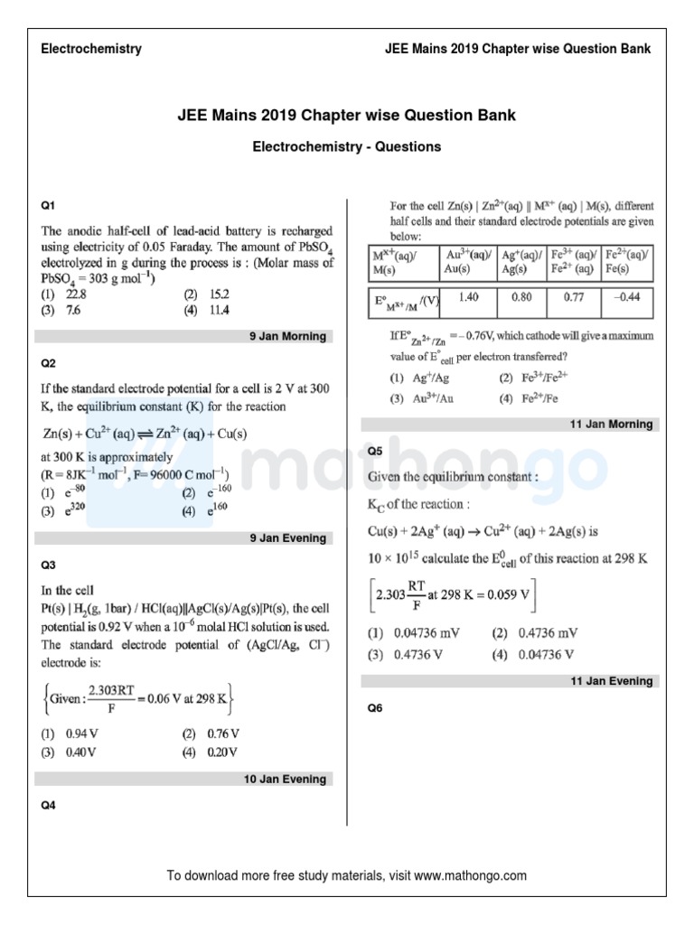 JEE Mains 2019 Chapter Wise Question Bank Electrochemistry Questions