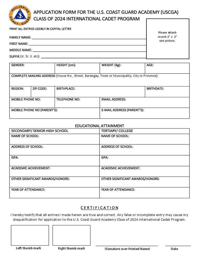Application for Admission to the United States Coast Guard Academy