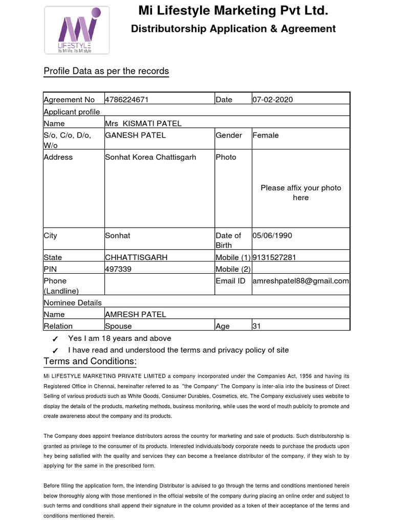 Mi Lifestyle Distributor Application Form | PDF | Contractual Term ...