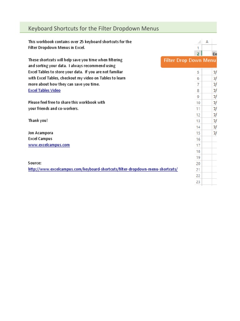 Keyboard Shortcuts For The Filter Dropdown Menus Filter Drop Down Menu