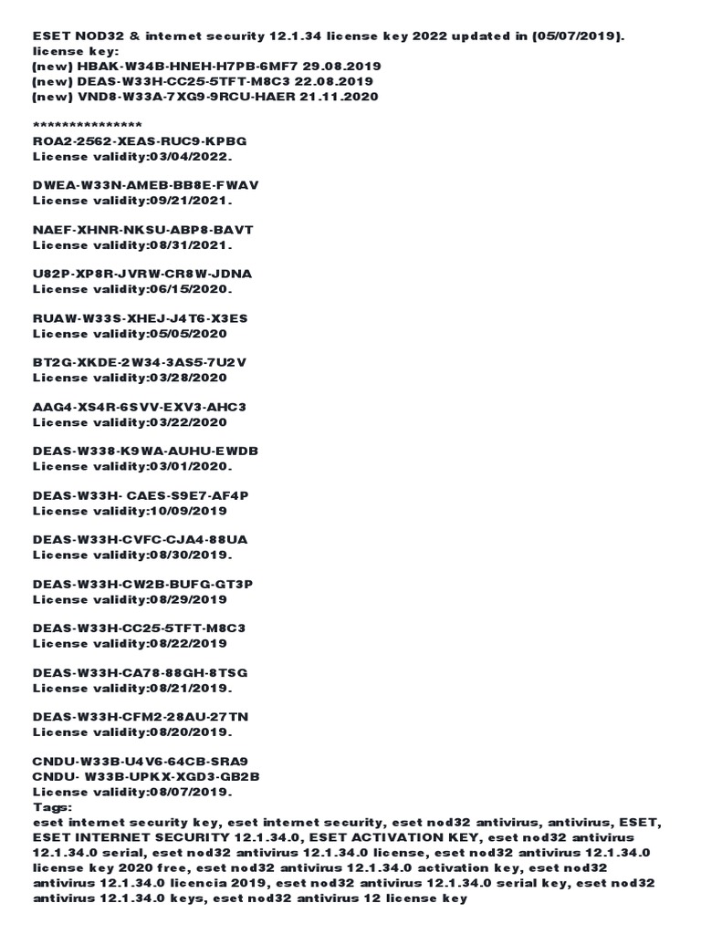 ESET NOD32 License Keys 2022 Update | PDF | Computers