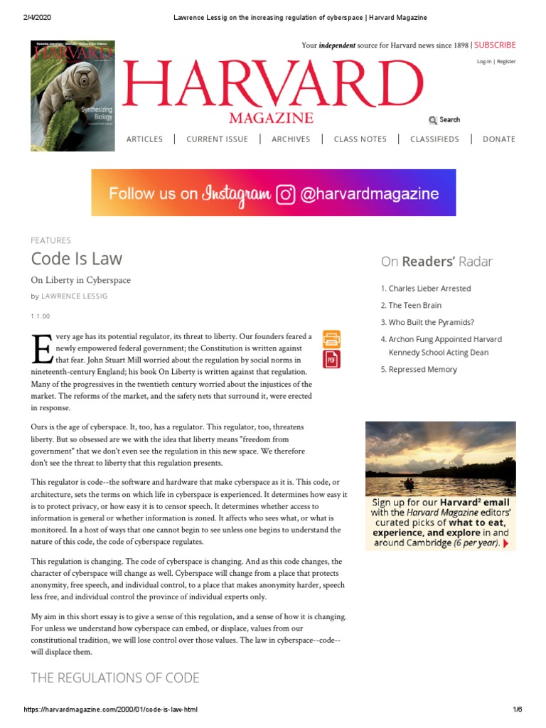 Lawrence Lessig On The Increasing Regulation of Cyberspace - Harvard  Magazine | PDF | Privacy | Transmission Control Protocol