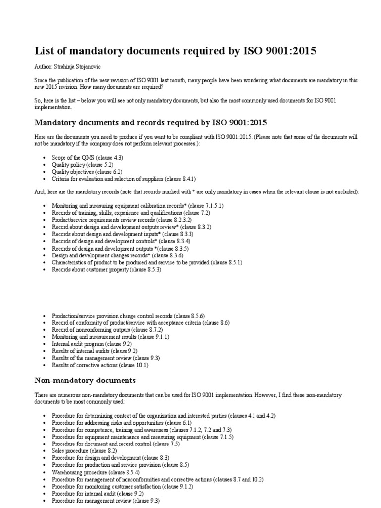 ISO 9001:2015 Mandatory Documents List | PDF | Iso 9000 | Quality ...