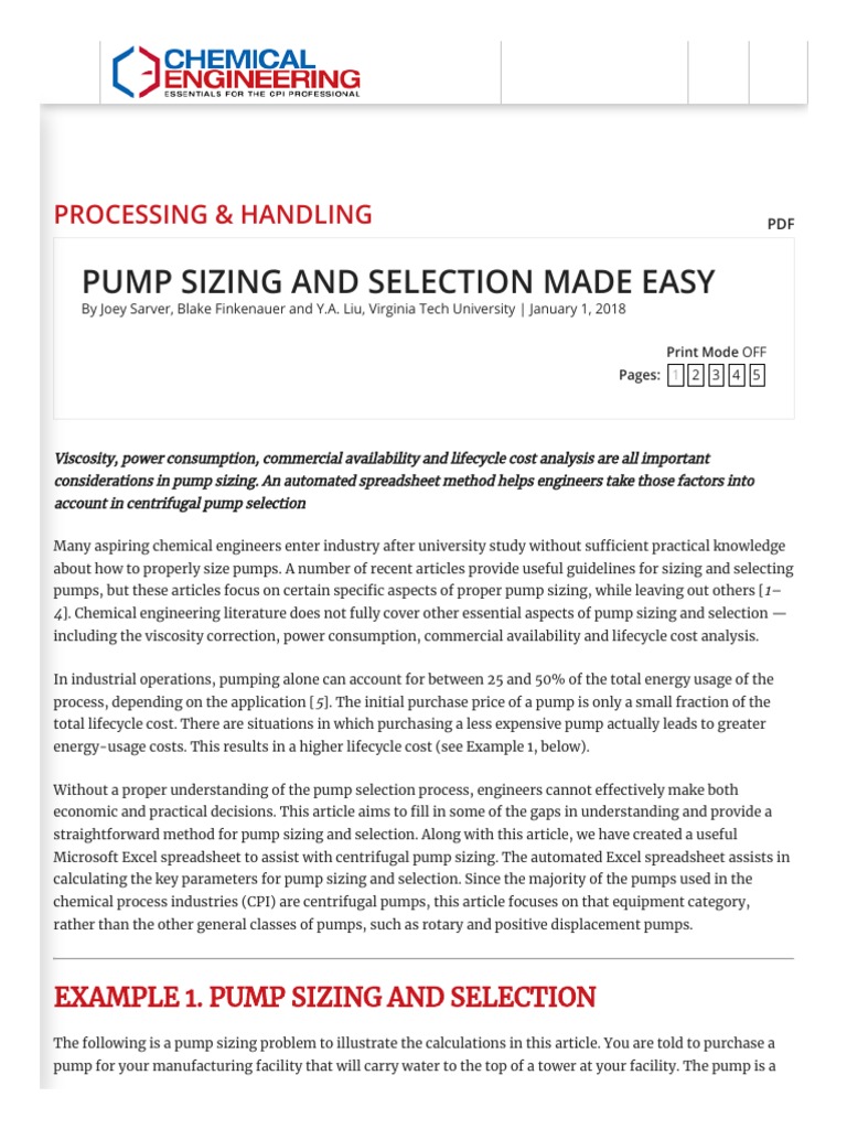 Pump Sizing and Selection Made Easy - Chemical Engineering - Page 1 | PDF |  Horsepower | Pump