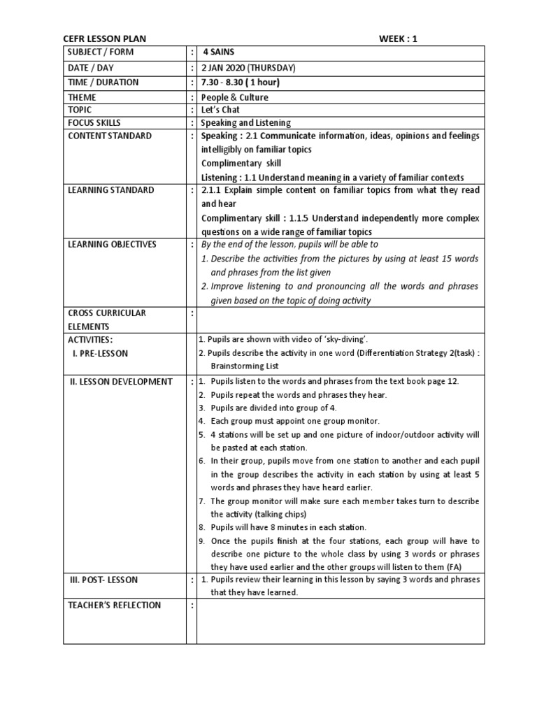CEFR Lesson Plan: Speaking Skills | PDF | Lesson Plan | Pedagogy