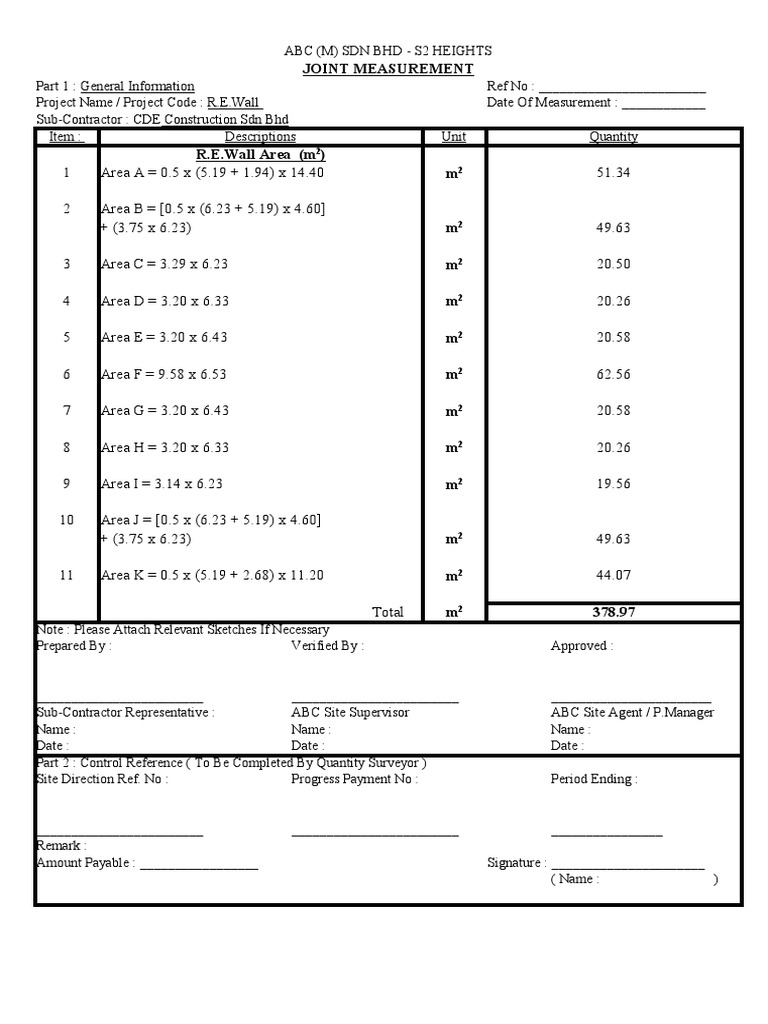 Joint Measurement Sheet for Construction | PDF | Business