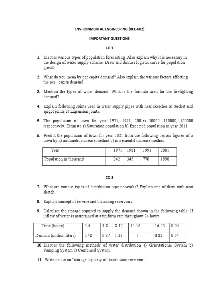 Important Question Environmental Engineering | PDF | Water Treatment ...