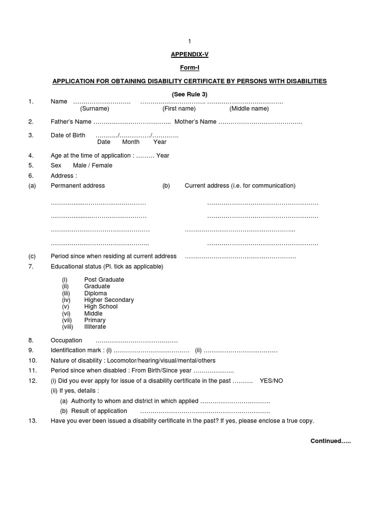 Disability Certificate Application Form PDF Visual Impairment