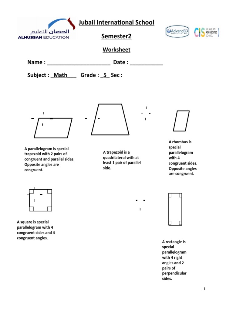 Grade 5 Quadrilaterals Worksheet | PDF | Rectangle | Classical Geometry