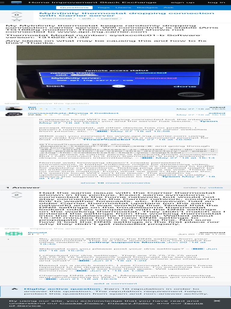 MyInfinity Thermostat Dropping Connection With Carrier Server Home