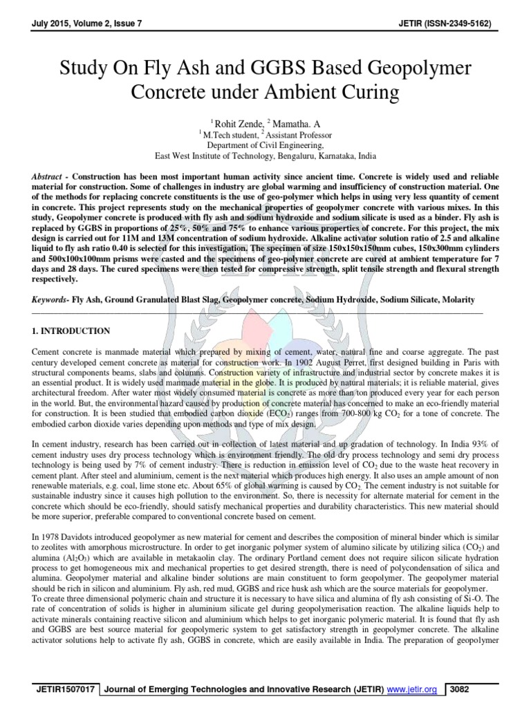 Study On Fly Ash and GGBS Based Geopolymer Concrete Under Ambient ...