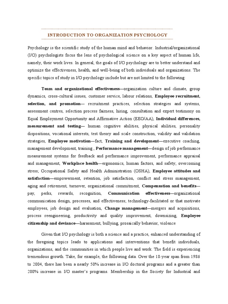 Introduction To Organizational Psychology PDF Industrial And