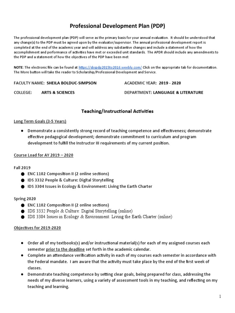 Professional Development Plan (PDP) : Teaching/Instructional Activities ...