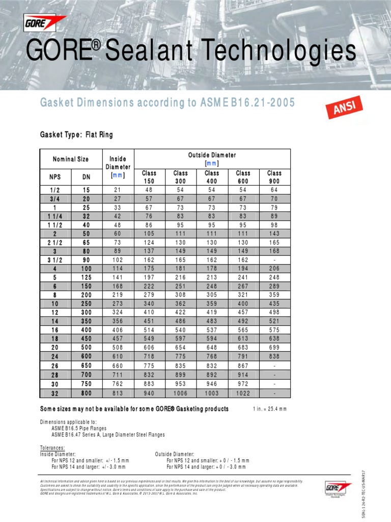 Gore Sealant Technologies Gasket Dimensions According To ASME B16.21