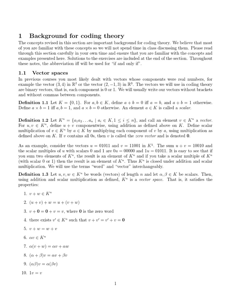 1 Background For Coding Theory: 1.1 Vector Spaces | PDF | Basis (Linear ...