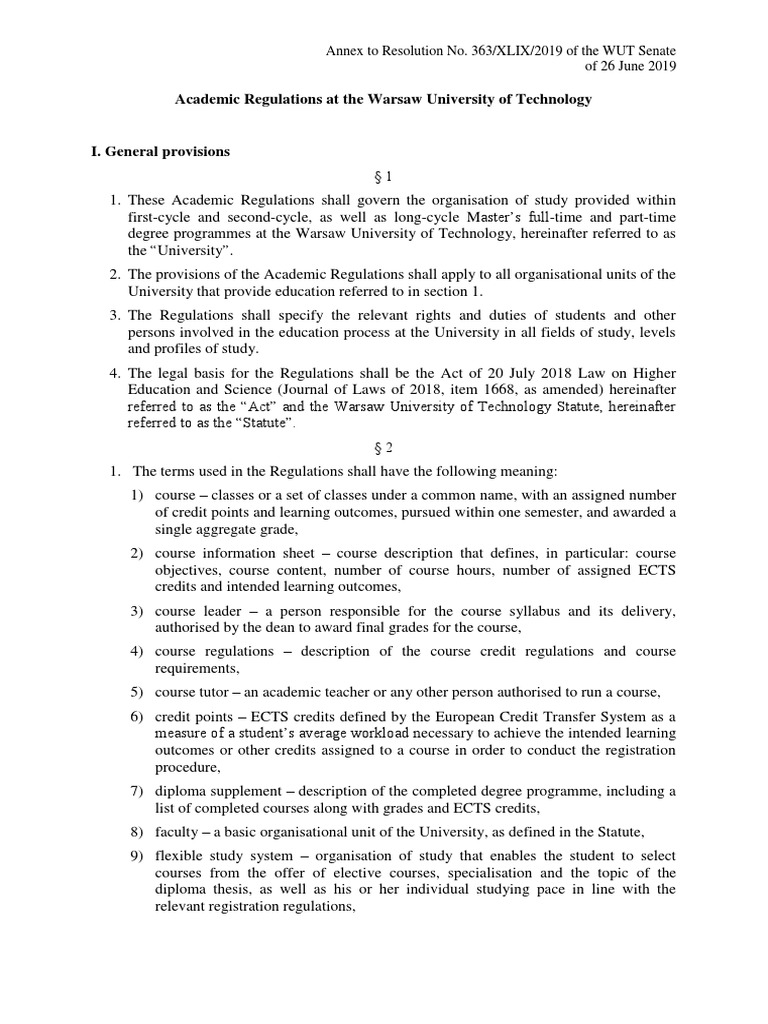 Academic Regulations at WUT | PDF | Thesis | Course Credit