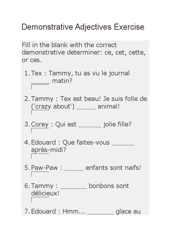 Demonstrative Adjectives Exercise | PDF