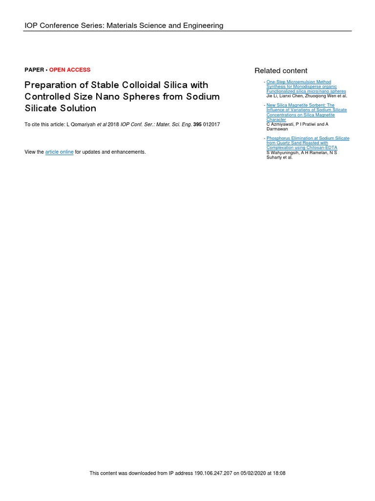 Stable Colloidal Silica from Sodium Silicate | PDF | Colloid | Silicon ...