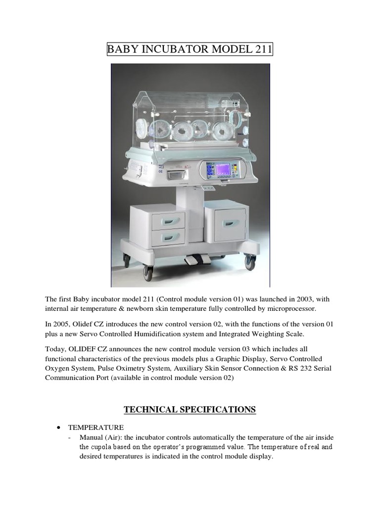 Baby Incubator Model 211 Technical Specifications PDF Neonatal