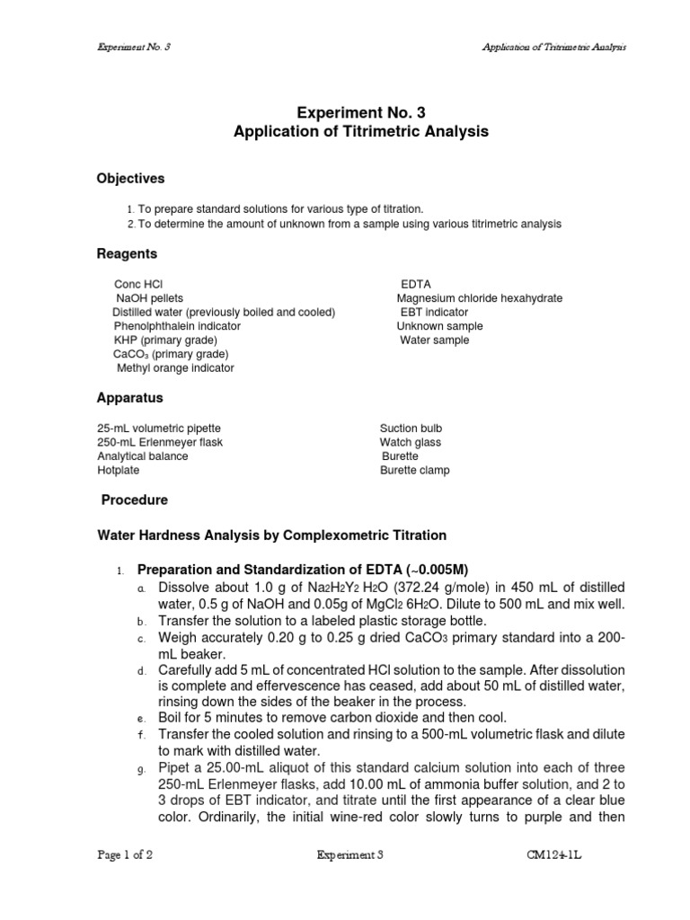 Experiment No. 3 Application of Titrimetric Analysis Objectives PDF