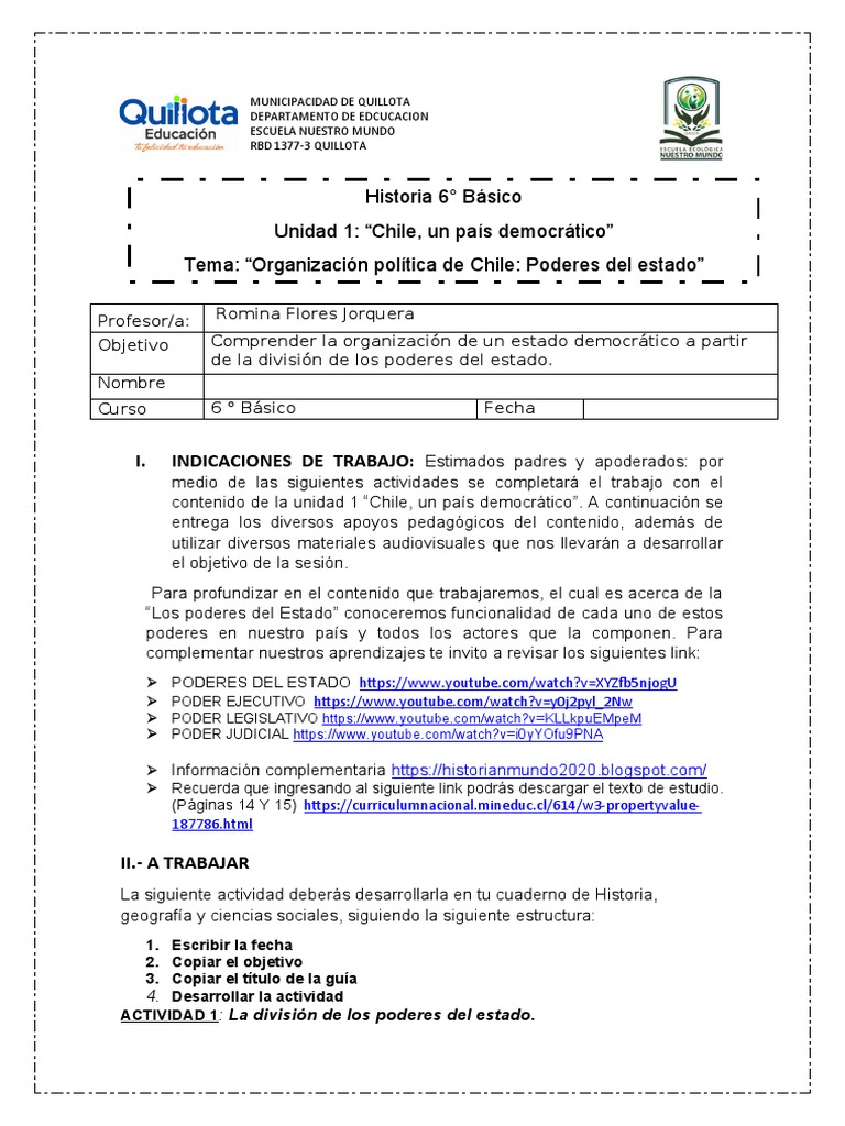 Poderes del Estado en Chile: Guía 6° Básico | PDF | Separación de ...