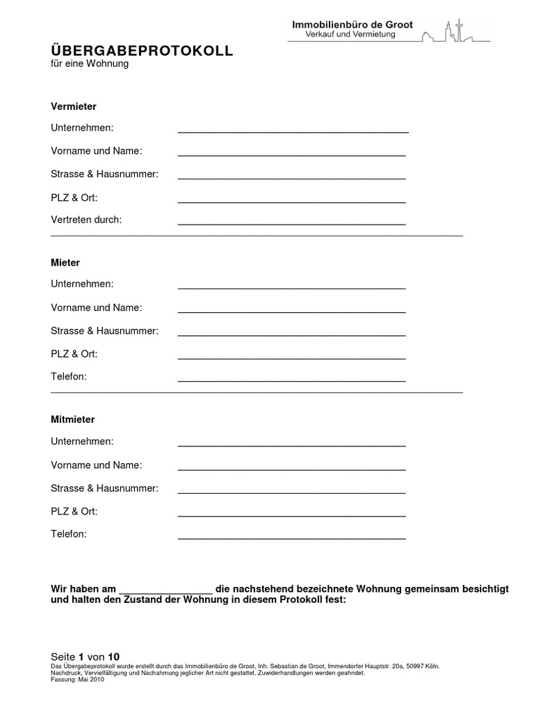 Wohnung übergabeprotokoll Pdf