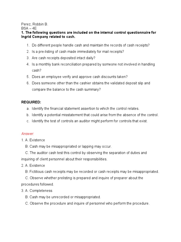 The Following Questions Are Included On The Internal Control