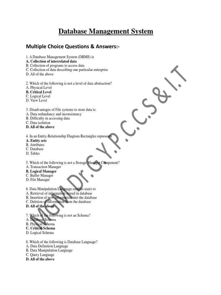 Database Management System Multiple Choice Questions Answers Relational Model Databases