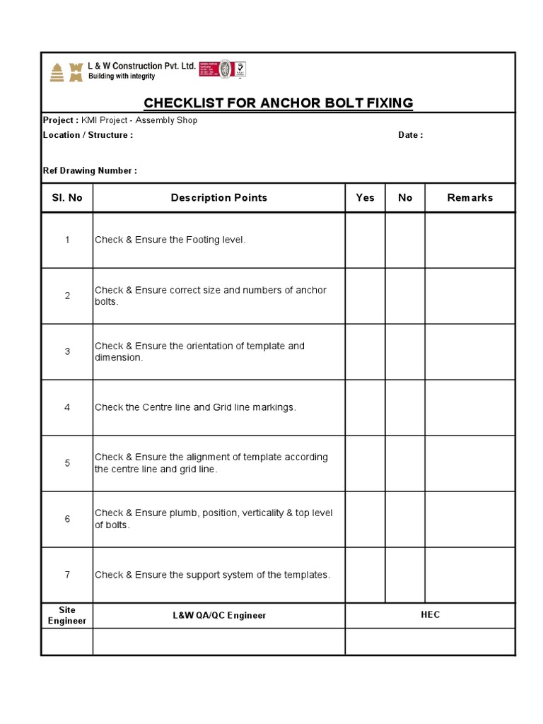 Checklist For Anchor Bolt Fixing Sl. No Description Points Yes No Remarks