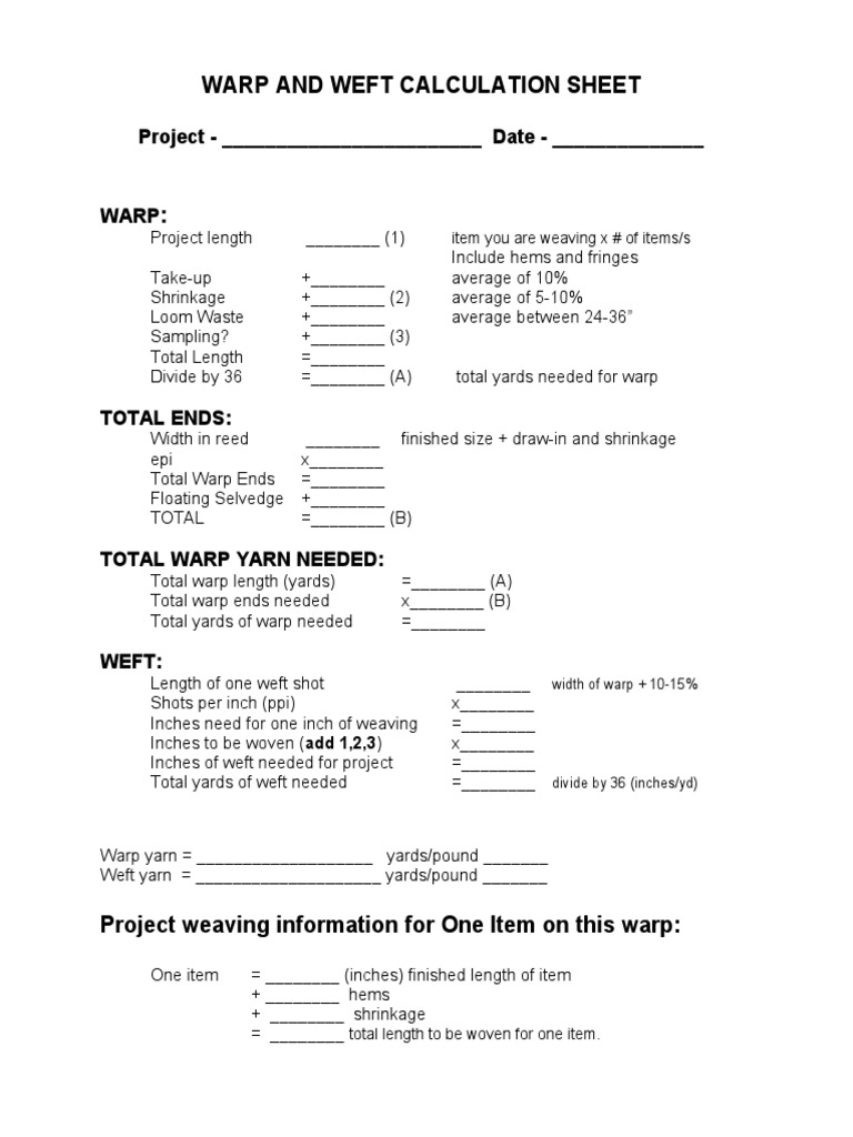 Calculating Yarn Requirements for Weaving A Warp and Weft Worksheet PDF