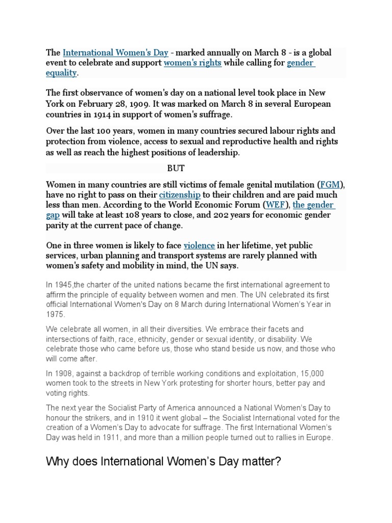 International Women's Day: History & Impact | PDF | Woman | Gender Equality