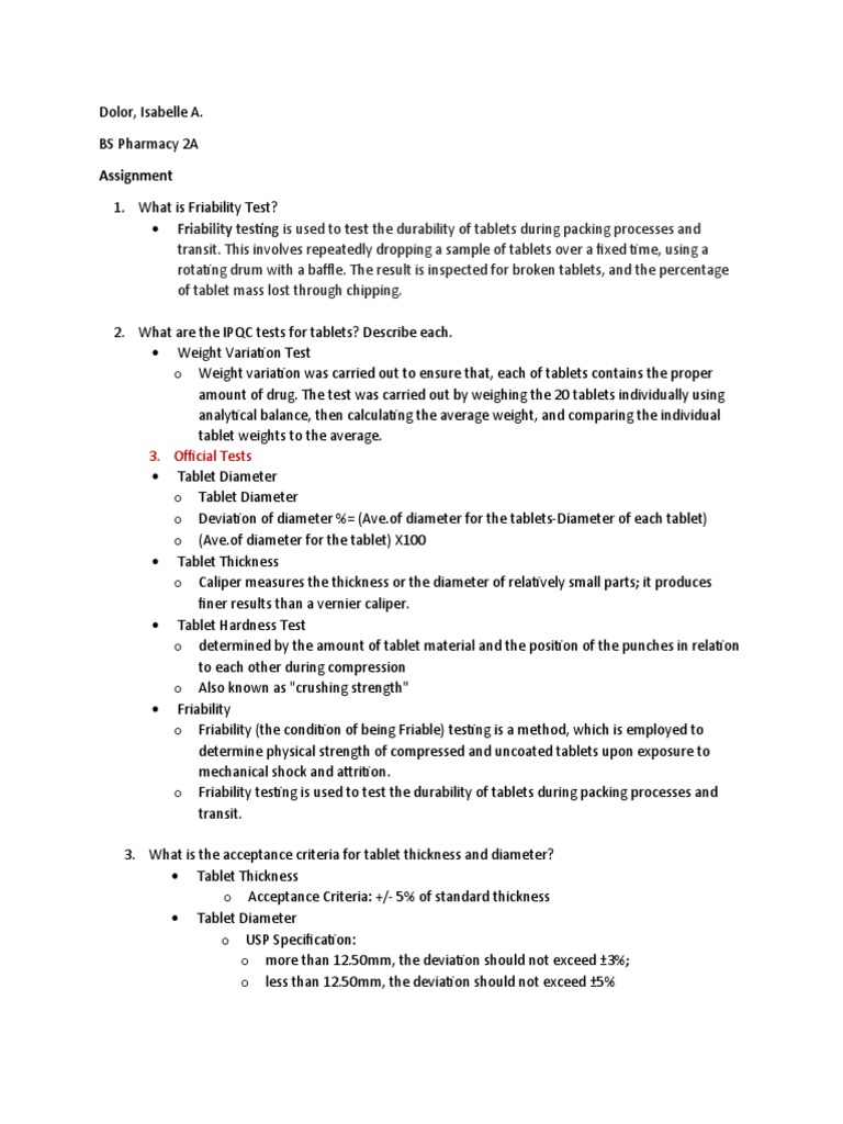 Friability Test Assignment - DOLOR | PDF