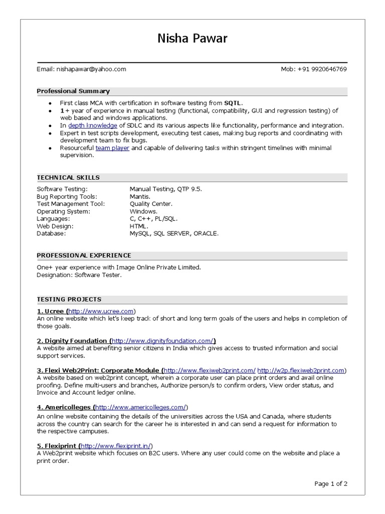 Software Tester Resume of Nisha Pawar | PDF | Websites | Software Testing