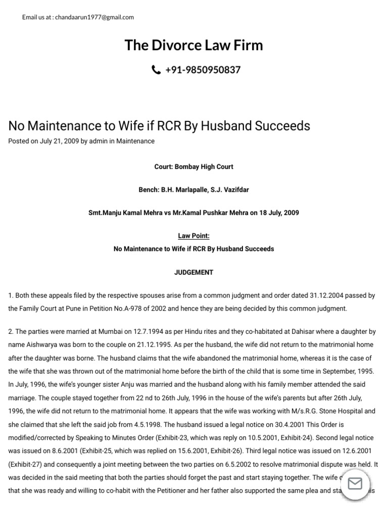 No Maintenance To Wife If RCR by Husband Succeeds - The Divorce Law ...