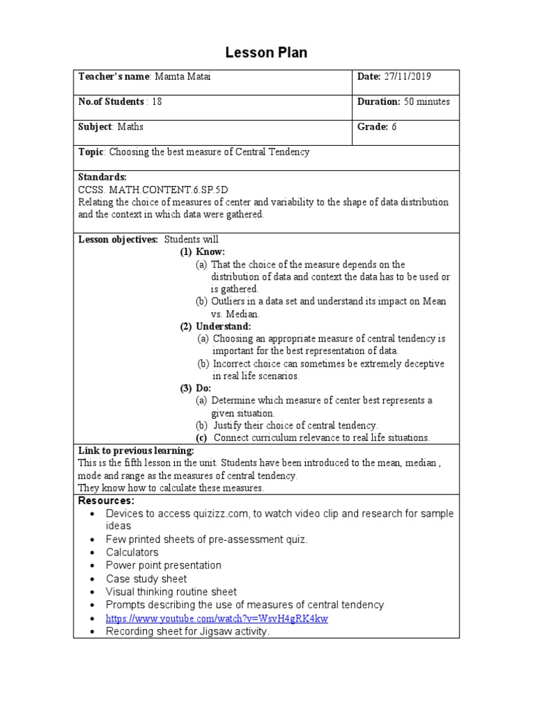 Lesson Plan Mean Median and Mode | PDF | Mean | Median